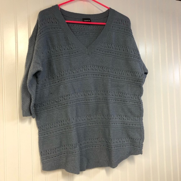 Torrid Blue/Gray 3/4 Sleeve Loose Knit Pointelle Sweater Size 2 2X VNeck - Picture 2 of 4